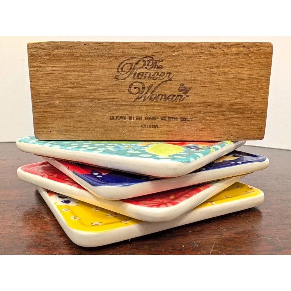 Pioneer Woman Floral Ceramic Coaster Set of 4 with Wood Holder Cork Back
